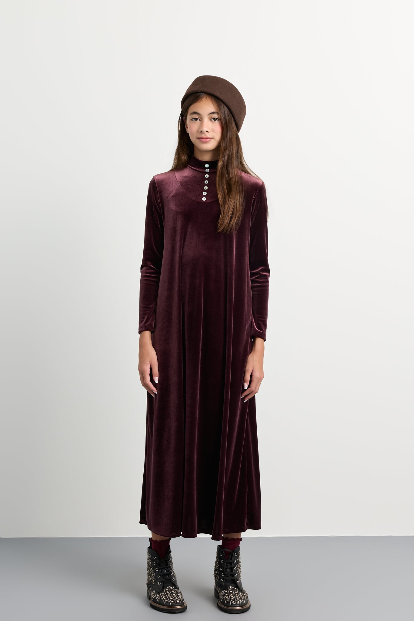 Kids Velvet Button Maxi Mockneck Dress