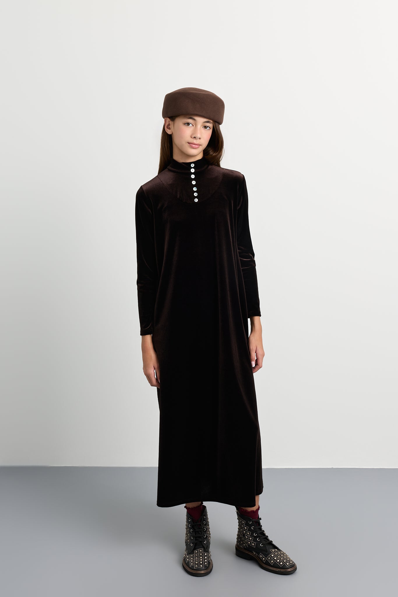 Kids Velvet Button Maxi Mockneck Dress
