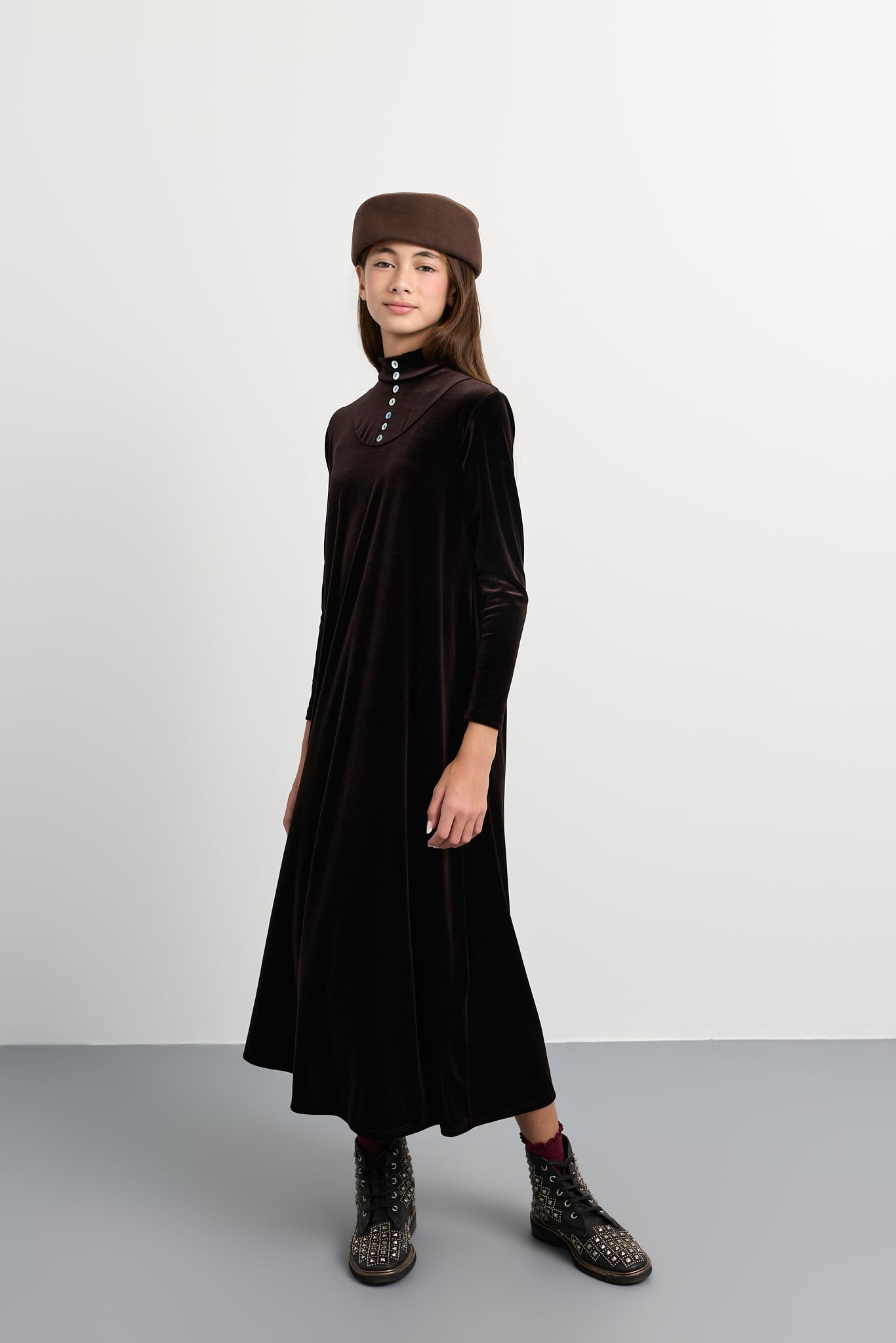 Kids Velvet Button Maxi Mockneck Dress