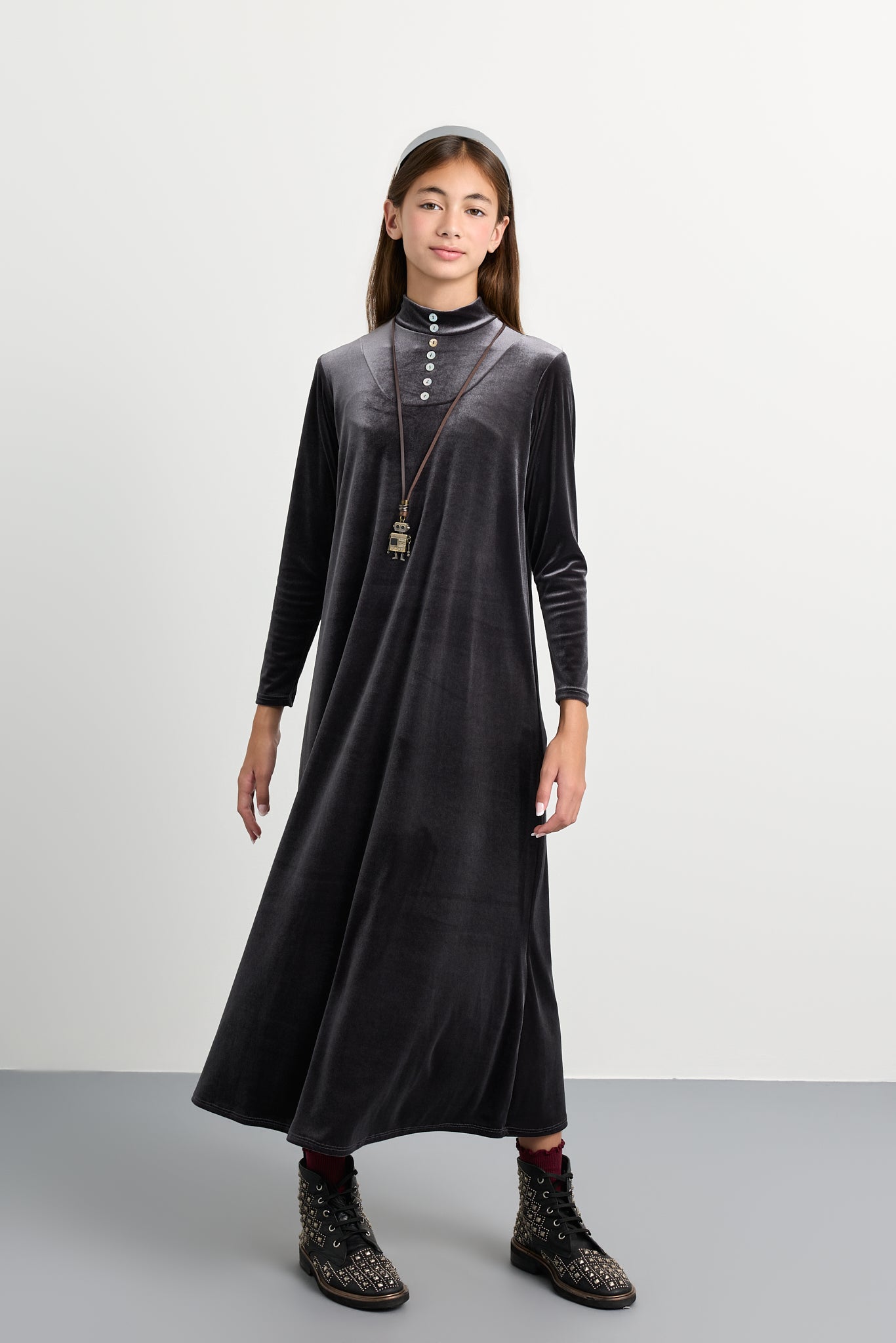 Kids Velvet Button Maxi Mockneck Dress