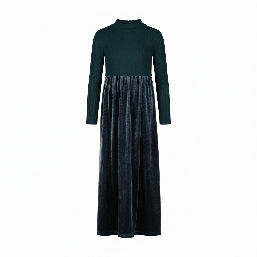 Kids Velvet Mixed Media Maxi Turtleneck Dress